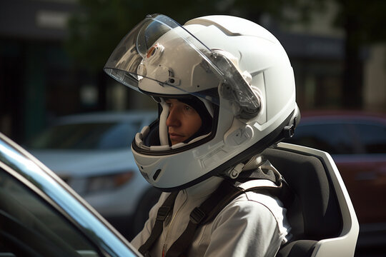 The courier taking a moment to adjust their helmet, emphasizing safety on the route 