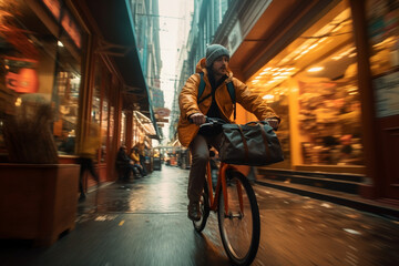 A dynamic shot of the courier cruising through a vibrant market street, parcels visible on the bicycle  - obrazy, fototapety, plakaty