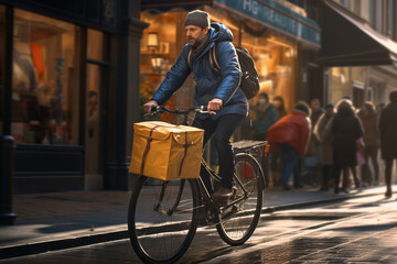 A dynamic shot of the courier cruising through a vibrant market street, parcels visible on the bicycle 
