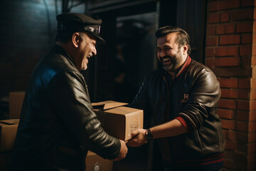A candid shot of the courier exchanging a warm smile with a recipient upon delivery 