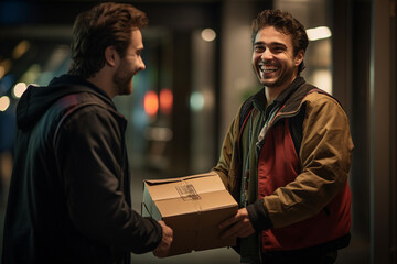 A candid shot of the courier exchanging a warm smile with a recipient upon delivery 