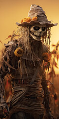 An evil and menacing scarecrow standing over a field