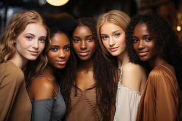 Fototapeta premium A diverse group of beautiful women with natural beauty and glowing smooth skin. Portrait of many attractive female fashion models with great skincare of all races, tones and style