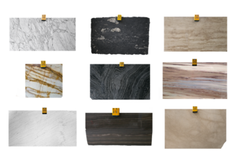 Set of nine isolated fragment of marble on a transparent background