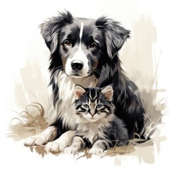 Cat and dog illustration banner. Pets art, banner, print. Veterinary clinic sign, logo. Pet shop logo. Vitamins and medicines for pets, vaccination, veterinary passport, diagnostics. Generative ai