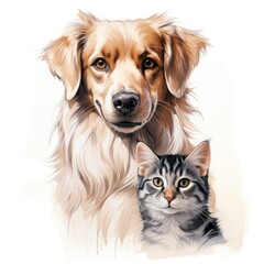 Cat and dog illustration banner. Pets art, banner, print. Veterinary clinic sign, logo. Pet shop logo. Vitamins and medicines for pets, vaccination, veterinary passport, diagnostics. Generative ai