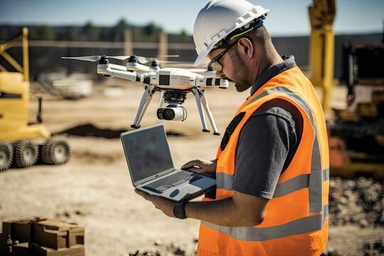 A person controlling a drone to survey a construction site. Generative AI