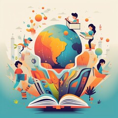 Literacy Day with People celebrate Literacy Day by reading books on the Earth. flat vector illustration. illustration vector isolated on white background. Generative by AI. - obrazy, fototapety, plakaty