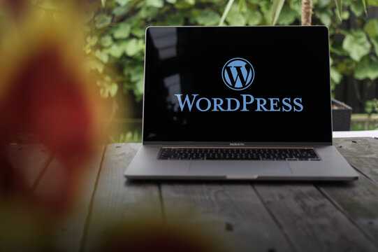WordPress logo, web content management system (CMS), displayed on a MacBook Pro screen