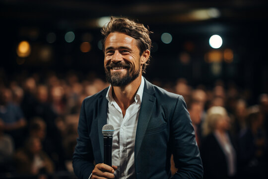 Businessman in suit motivational speaker on stage. Generative Ai - Powered by Adobe