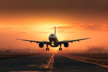 Fototapeta na wymiar A large jetliner taking off from an airport runway at sunset or dawn with the landing gear down and the landing gear down, as the plane is about to take off