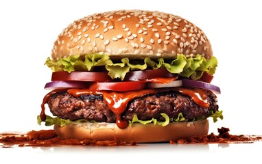 Savory BBQ Burger on White Background. Generative AI