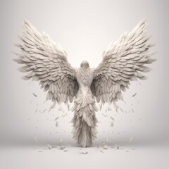Fototapeta premium Statue of an angel with large wings, rear view. Beautiful angel with wings realistic 3d illustration. Realistic white angel illustration. The angel spread its wings. Flying angel. Generative ai.