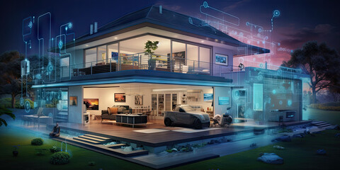 Smart home illustration mixing a house and family with augmented reality 