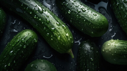 Close-up of cucumbers with water drops on dark background. Vegetable wallpaper