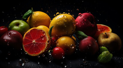 Close-up of fresh fruits with water drops on dark background. Healthy food concept