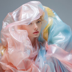 A beautiful model wrapped in plastic. Fashionable blond girl in pastel colors. Dreamy, unusual atmosphere. Generative AI