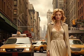Naklejka premium Fashionable Beautiful woman , New York street, vintage picture in movie style.