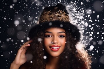 Winter Portrait: Young Woman with Black Hat amid Snowflakes