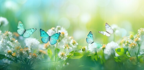 Blue butterflies on green spring meadow with amazing natural lighting - Generative ai - obrazy, fototapety, plakaty