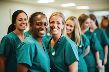 Cosmopolite Nursing Staff in Turquoise Nurse's Coat Smiling