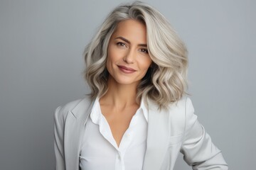 Fototapeta premium Portrait of mature beautiful woman with grey hairstyle and white top