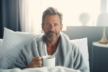 Photorealistic image of a smiley middle aged man with a cup of coffee in bed. Awakening with a fragnant coffee.