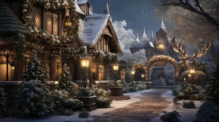 the enchanting beauty of a snow-covered garden adorned with glimmering holiday decorations, such as sparkling snowflake ornaments, and fairy lights wrapped around trees