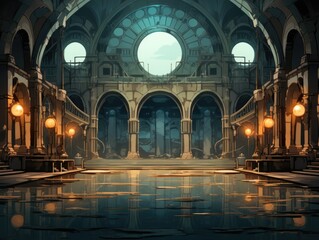 Fototapeta premium A large building with a pool in the middle of it. Digital image.