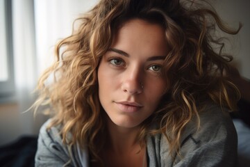 Fototapeta premium Portrait of a beautiful woman sitting on a bed
