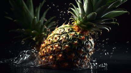 Close-up of pineapple with water drops on dark background. Fruit wallpaper