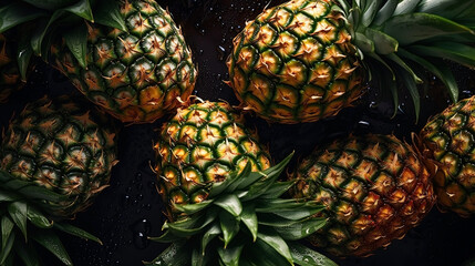 Close-up of pineapples with water drops on dark background. Fruit wallpaper