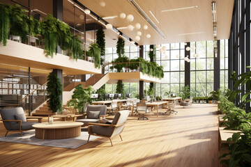 Design an eco-friendly startup workspace with bamboo flooring, energy-efficient lighting, and living green walls, promoting sustainability and employee well-being." 