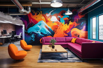 Create a vibrant and dynamic startup office with bold color accents, graffiti walls, and flexible standing desks, reflecting the company's vibrant and innovative culture." 
