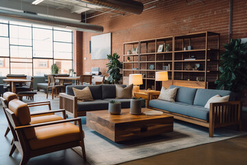 Capture the essence of a cozy and inviting startup office, utilizing warm wooden finishes, soft textiles, and plush seating, fostering a comfortable work environment." 