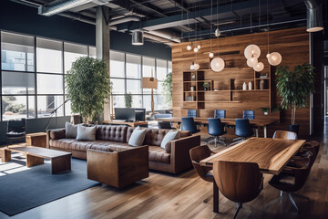 Capture the essence of a cozy and inviting startup office, utilizing warm wooden finishes, soft textiles, and plush seating, fostering a comfortable work environment." 