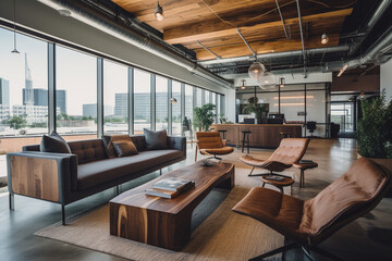 Capture the essence of a cozy and inviting startup office, utilizing warm wooden finishes, soft textiles, and plush seating, fostering a comfortable work environment." 