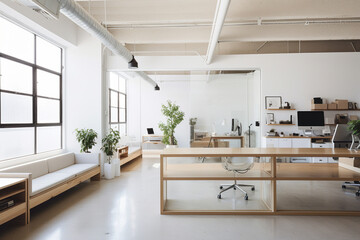 Craft a minimalist startup workspace with neutral color palettes, hidden storage solutions, and glass partitions, providing a clutter-free and serene atmosphere." 