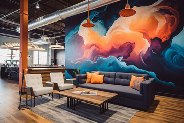 Design a creative startup office with customizable modular furniture, interactive digital screens, and vibrant accent walls, encouraging dynamic collaboration." 
