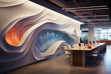 Capture the energy of a dynamic startup workspace with kinetic sculptures, kinetic flooring, and interactive elements, reflecting the company's innovative spirit." 