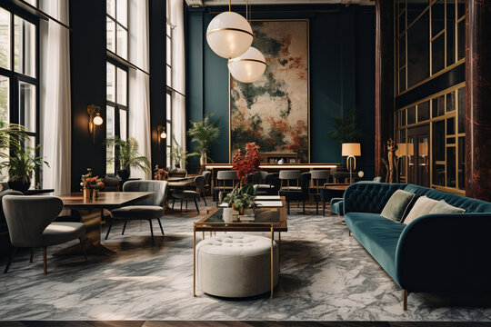 Capture the elegance of a boutique hotel in a startup workspace, with plush velvet seating, marble tabletops, and gold accents, creating a luxurious yet functional environment." 