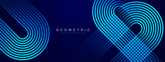 Abstract blue glowing geometric lines on blue background. Modern shiny blue gradient diagonal rounded lines pattern. Futuristic technology concept. Vector illustration