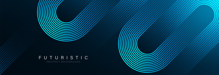 Abstract dark blue background with glowing geometric lines. Modern shiny blue diagonal rounded lines pattern. Futuristic concept. Horizontal banner template. Vector illustration - obrazy, fototapety, plakaty
