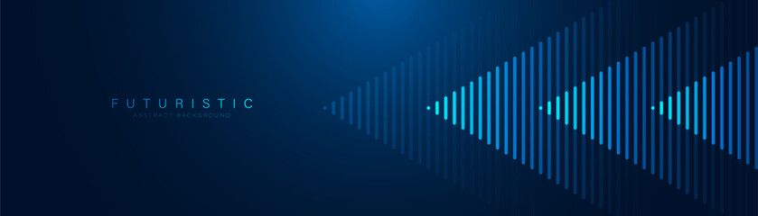 Abstract glowing arrow lines on dark blue background. Modern shiny blue geometric lines design. Futuristic technology concept. Horizontal banner template with space for your text. Vector illustration