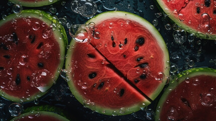 Close-up of watermelon with water drops on dark background. Fruit wallpaper