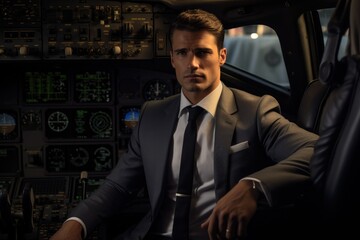 Portrait of captain pilot of a passenger plane inside the cabin