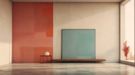 Wallpaper for desktop, background, interior red and cream wall with a light blue square, copy space, table with light sphere, plant, big window, Rothko style