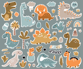Collection of stickers with cute dinosaurs.