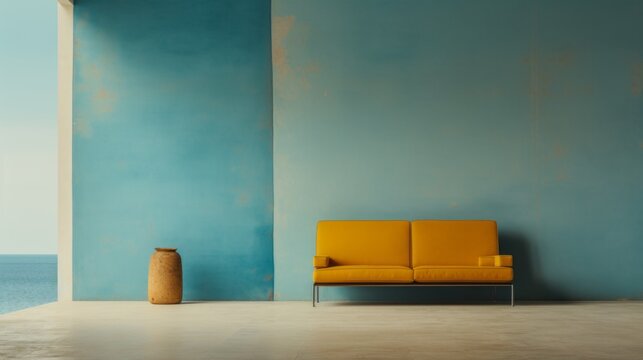 Wallpaper for desktop, background, interior wall, light blue, copy space, yellow sofa, stone vase, Rothko style