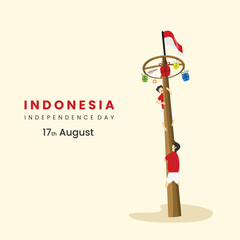 People celebrate Indonesian Independence Day by Panjat pinang or pole climbing traditional game competition. Vector illustration in flat style
